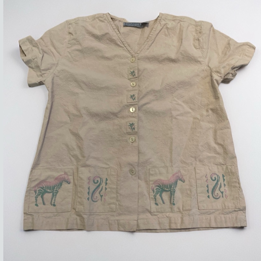 JANE ASHLEY PETITE Vintage Zebra Embroidered Blouse Size Petite Small